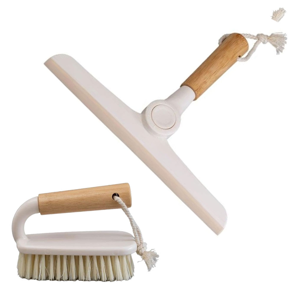 Kit com 01 Rodo e 01 Escova em Bambu Off White