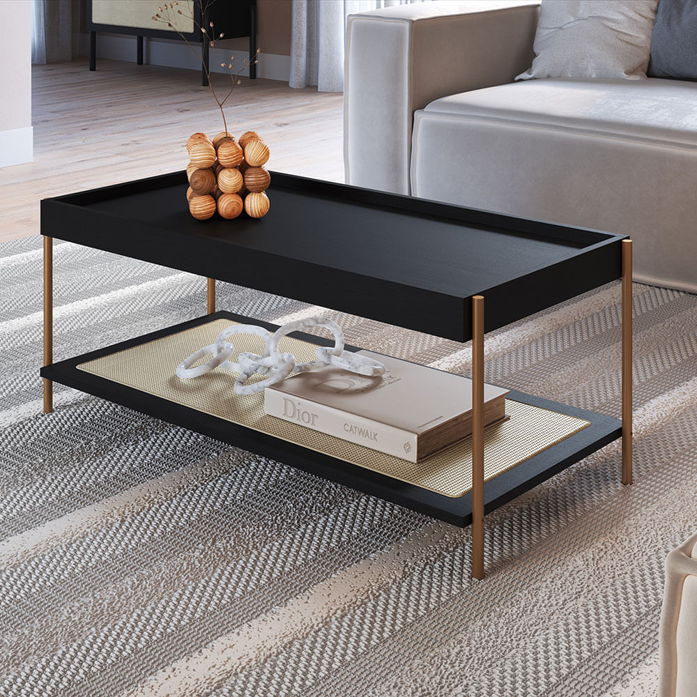 Mesa de Centro Retangular Oslo Nero e Dourada