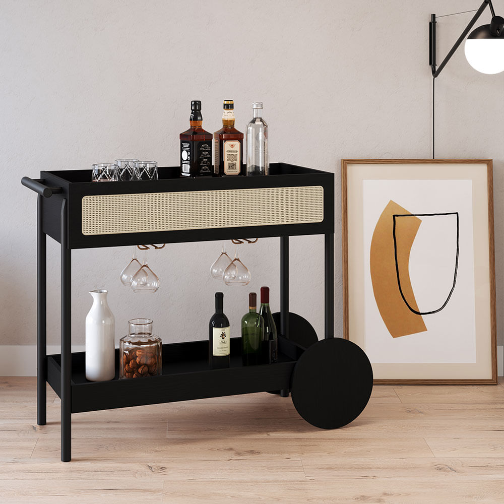 Carrinho Bar Oslo com Porta Taças Nero