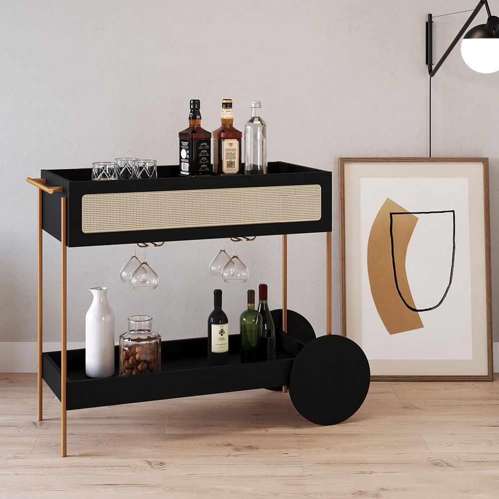 Carrinho Bar Oslo com Porta Taças Nero e Dourado