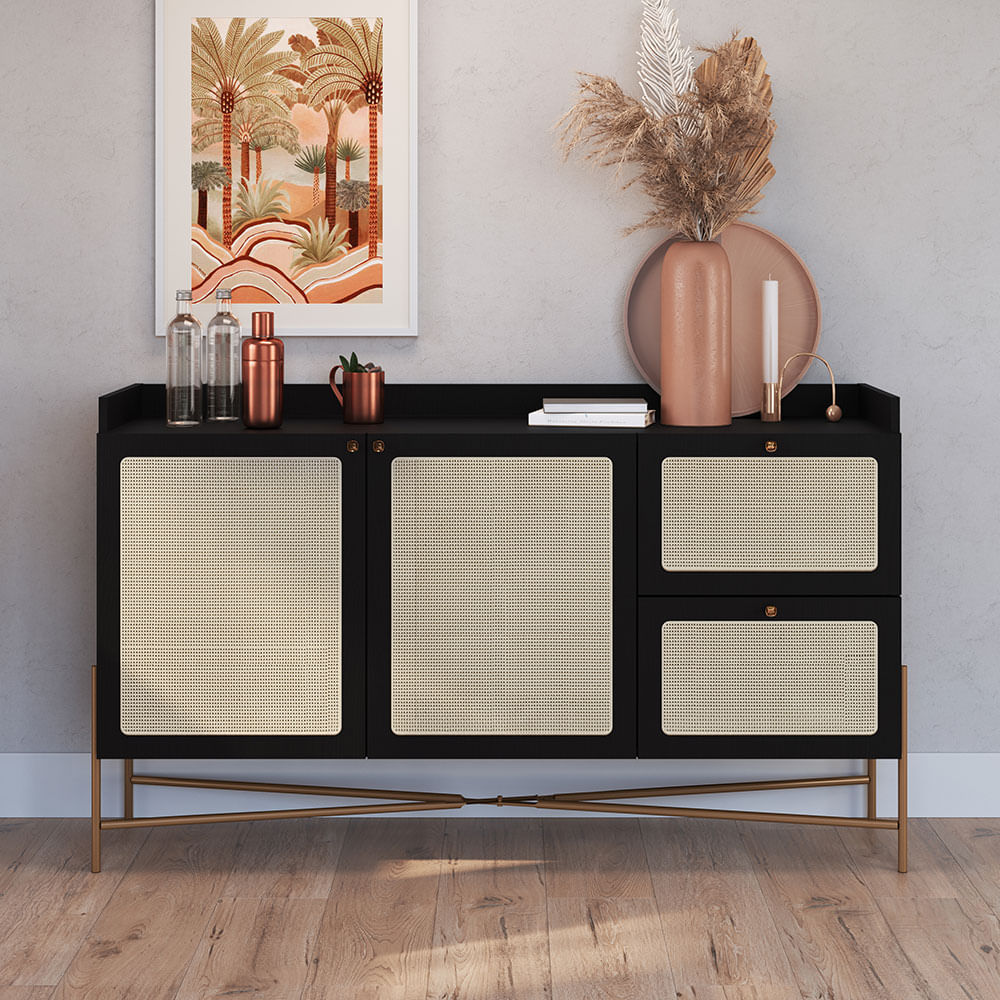 Buffet Oslo com 02 Portas e 02 Gavetas Nero e Dourado