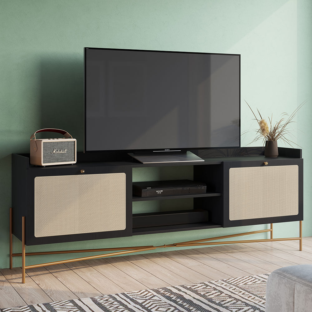 Rack Oslo com 02 Portas Nero e Dourado