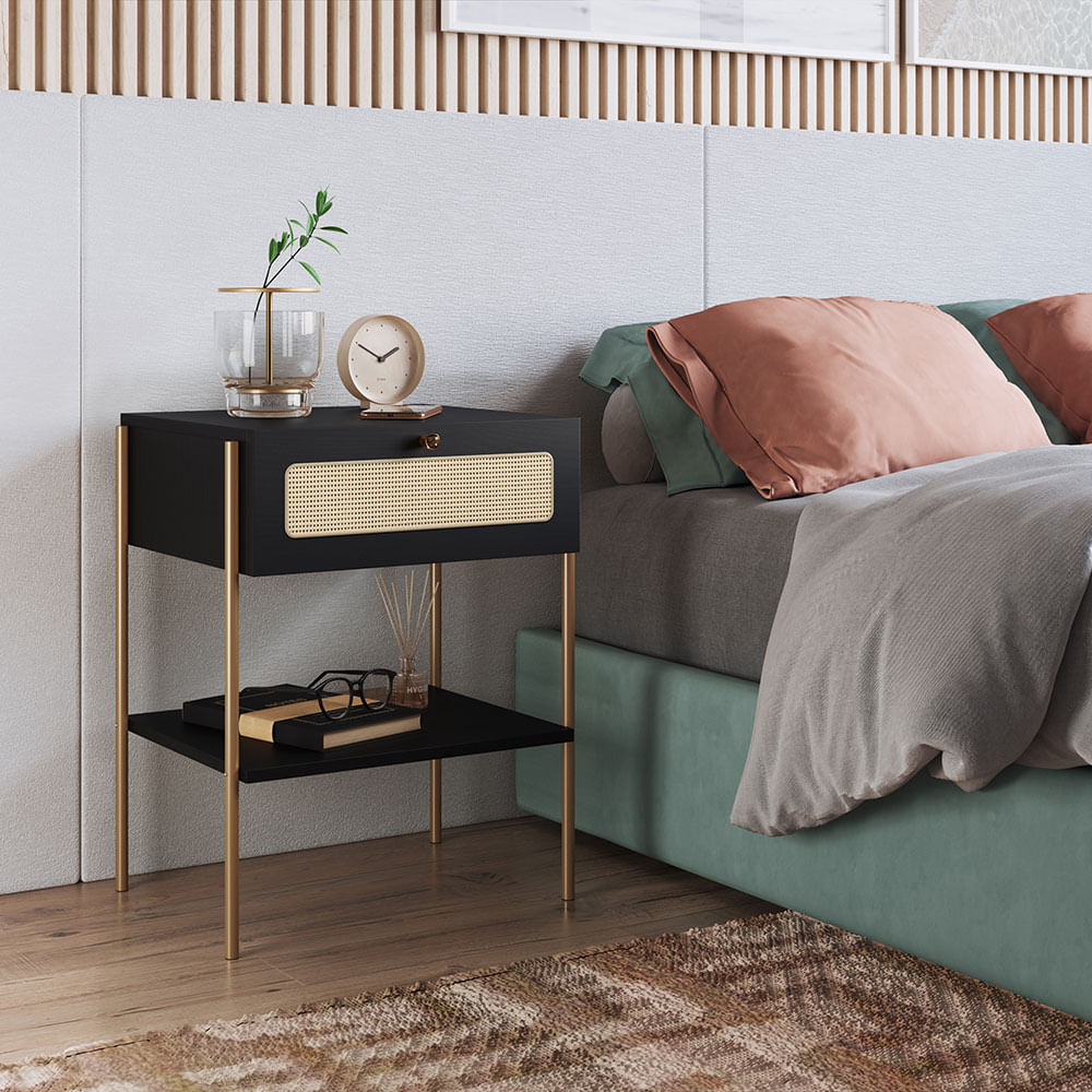 Mesa de Cabeceira Oslo com 01 Gaveta Nero e Dourado