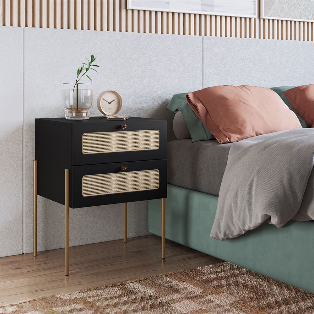 Mesa de Cabeceira Oslo com 02 Gaveta Nero e Dourado