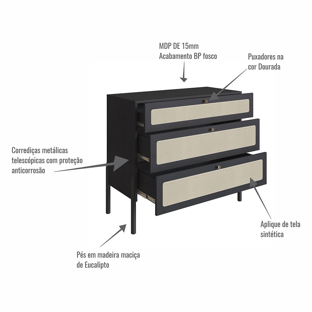 Cômoda Oslo com 03 gavetas Nero - Imagem 5