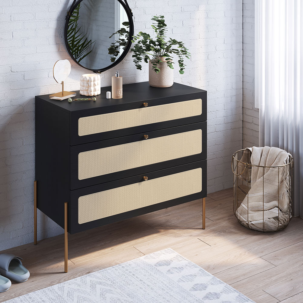 Cômoda Oslo com 03 gavetas Nero e Dourada