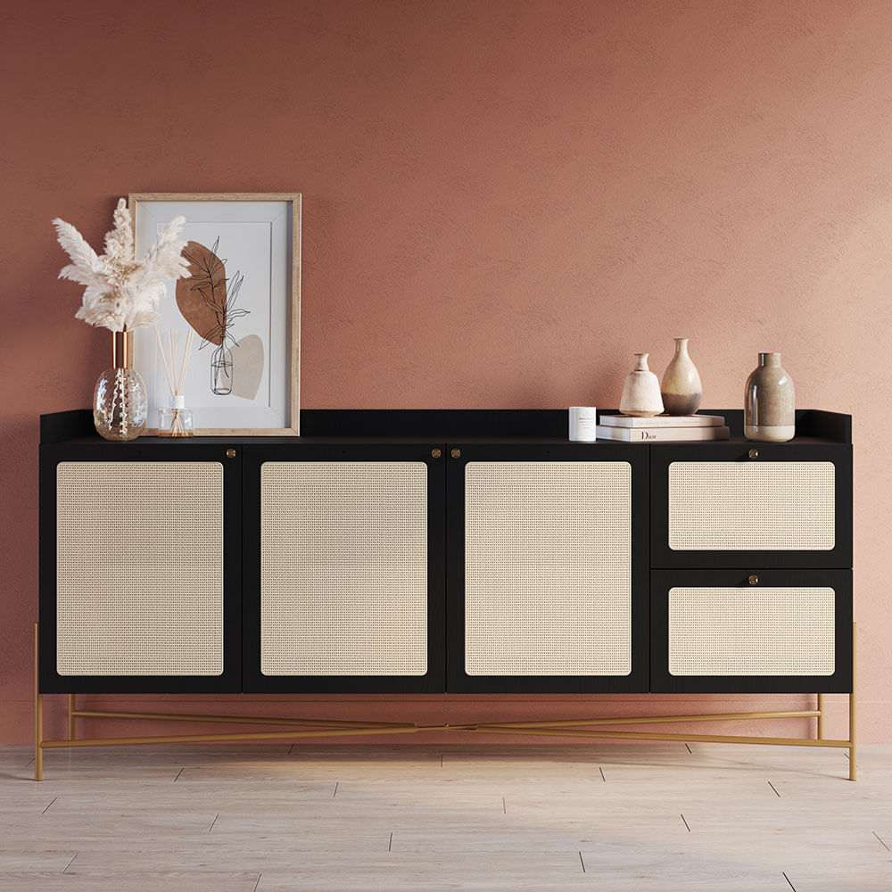 Buffet Oslo com 03 Portas e 02 Gavetas Nero e Dourado