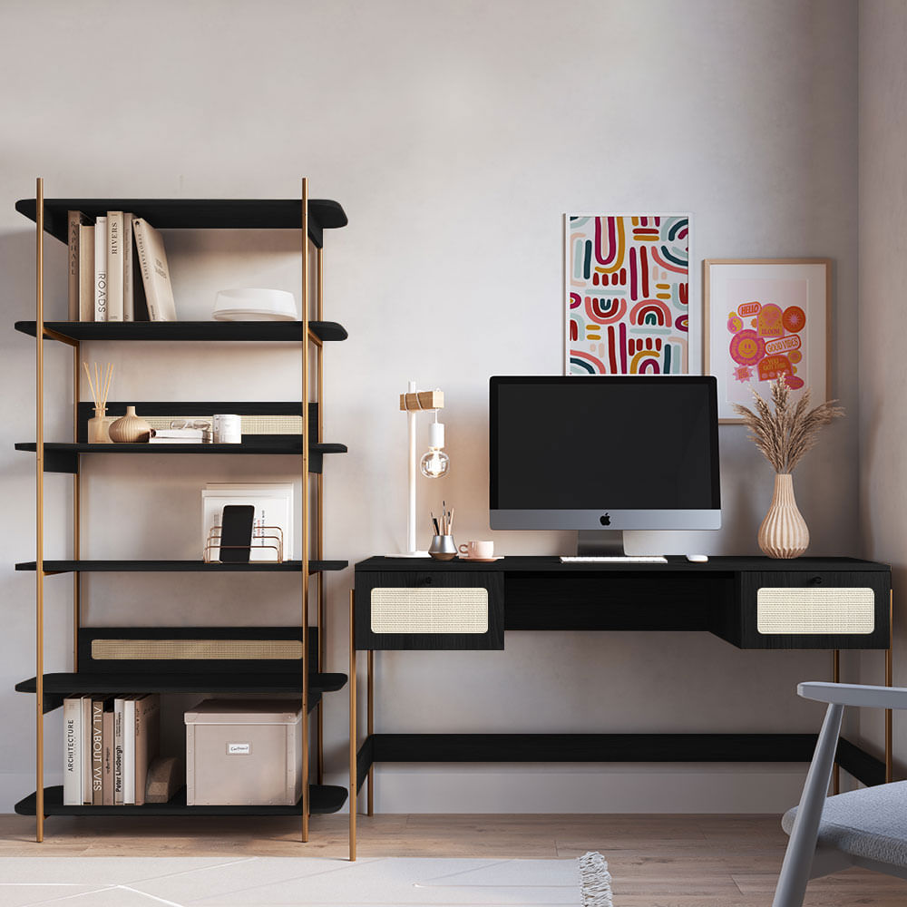 Escrivaninha e Estante Oslo Nero e Dourada