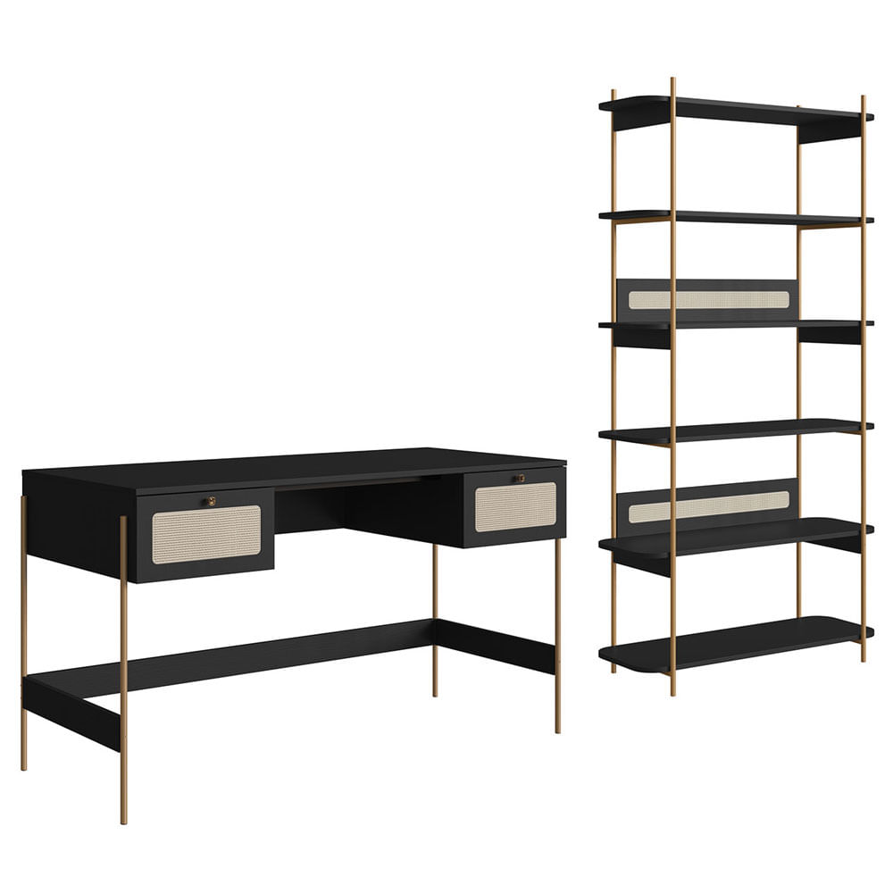Escrivaninha e Estante Oslo Nero e Dourada - Imagem 2