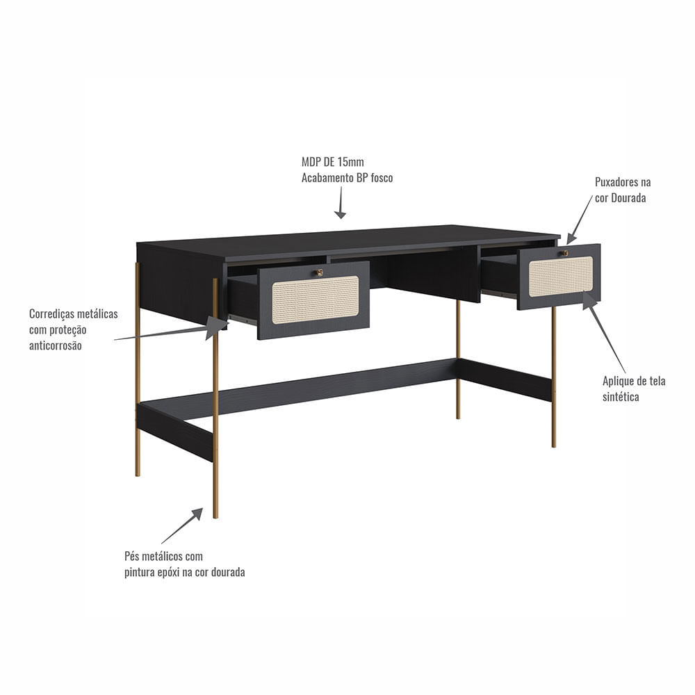 Escrivaninha e Estante Oslo Nero e Dourada - Imagem 5