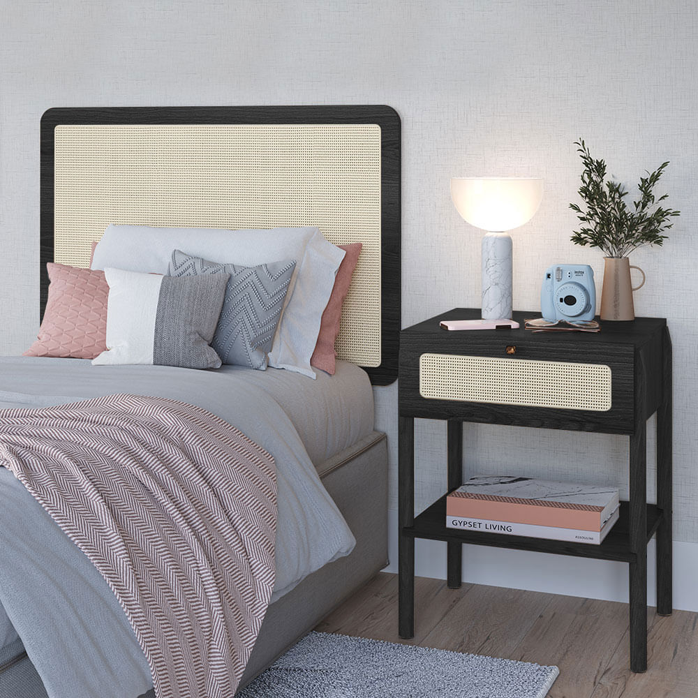 Cabeceira Solteiro e Mesa de Cabeceira 1 Gaveta Oslo Nero