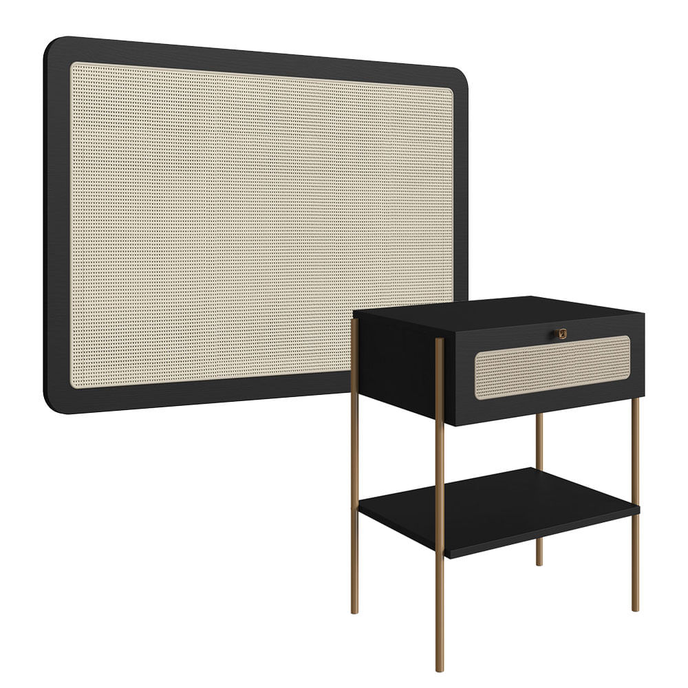 Cabeceira Solteiro e Mesa de Cabeceira 1 Gaveta Oslo Nero e Dourado - Imagem 2