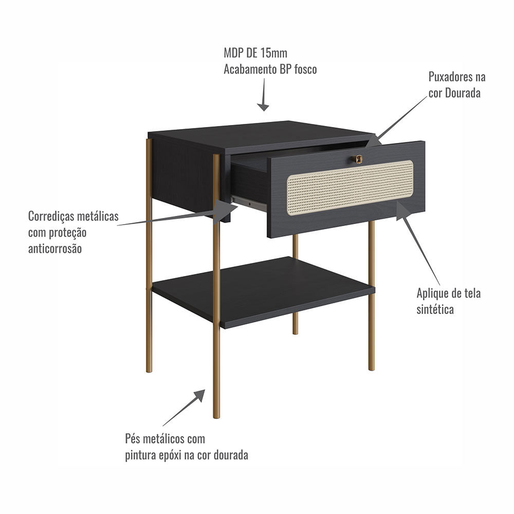 Cabeceira Solteiro e Mesa de Cabeceira 1 Gaveta Oslo Nero e Dourado - Imagem 7
