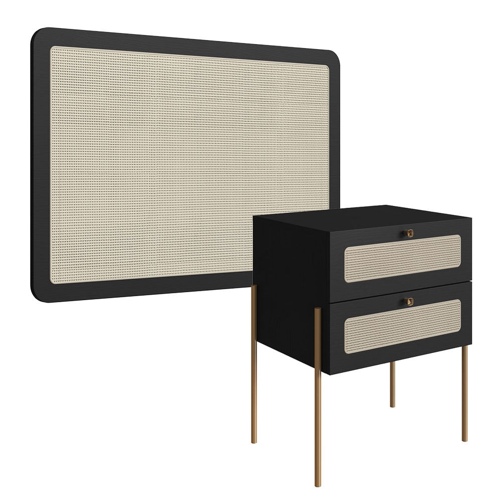 Cabeceira Solteiro e Mesa de Cabeceira 2 Gaveta Oslo Nero e Dourado - Imagem 2