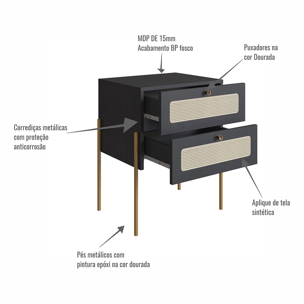 Cabeceira Solteiro e Mesa de Cabeceira 2 Gaveta Oslo Nero e Dourado - Imagem 7