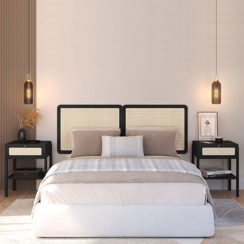 Cabeceira Casal e Mesas de Cabeceira 1 Gaveta Oslo Nero