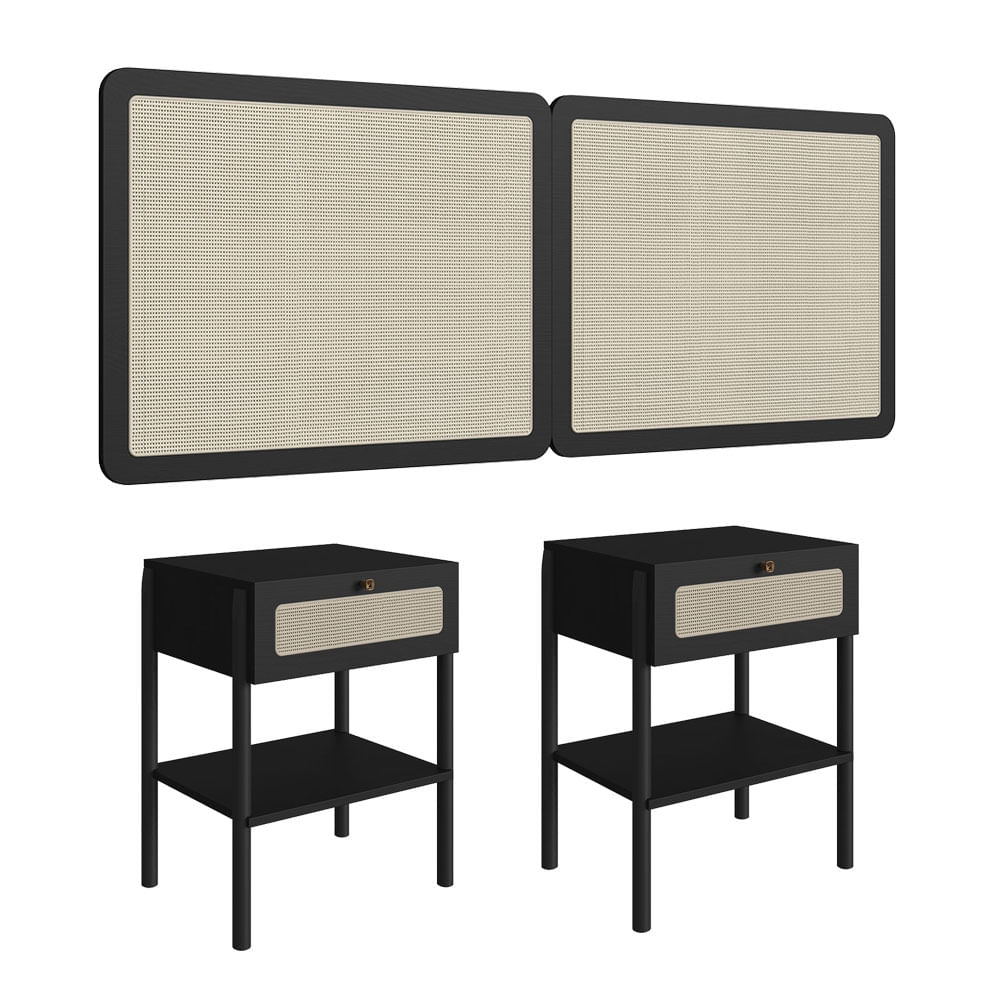 Cabeceira Casal e Mesas de Cabeceira 1 Gaveta Oslo Nero - Imagem 2