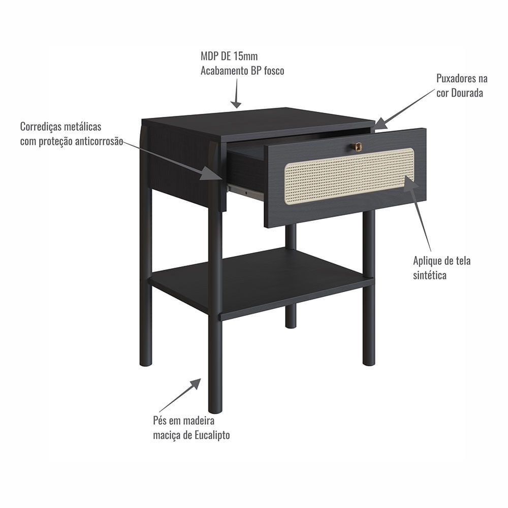Cabeceira Casal e Mesas de Cabeceira 1 Gaveta Oslo Nero - Imagem 7