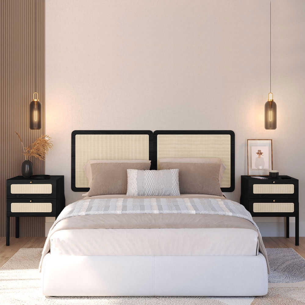 Cabeceira Casal e Mesas de Cabeceira 2 Gaveta Oslo Nero