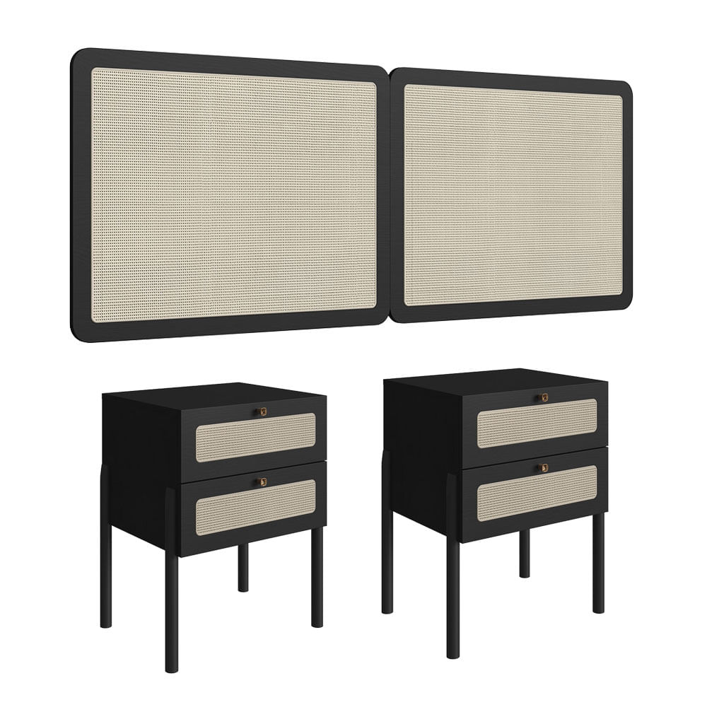 Cabeceira Casal e Mesas de Cabeceira 2 Gaveta Oslo Nero - Imagem 2