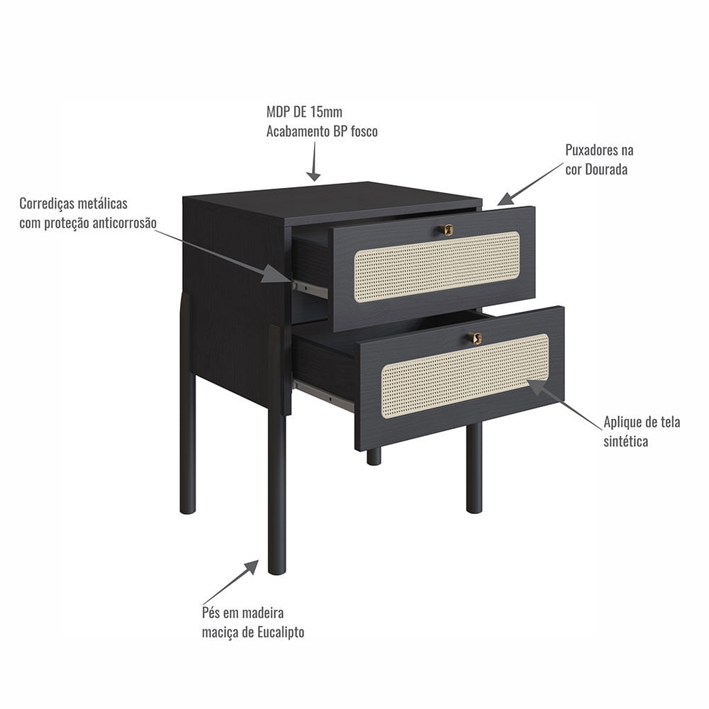 Cabeceira Casal e Mesas de Cabeceira 2 Gaveta Oslo Nero - Imagem 7