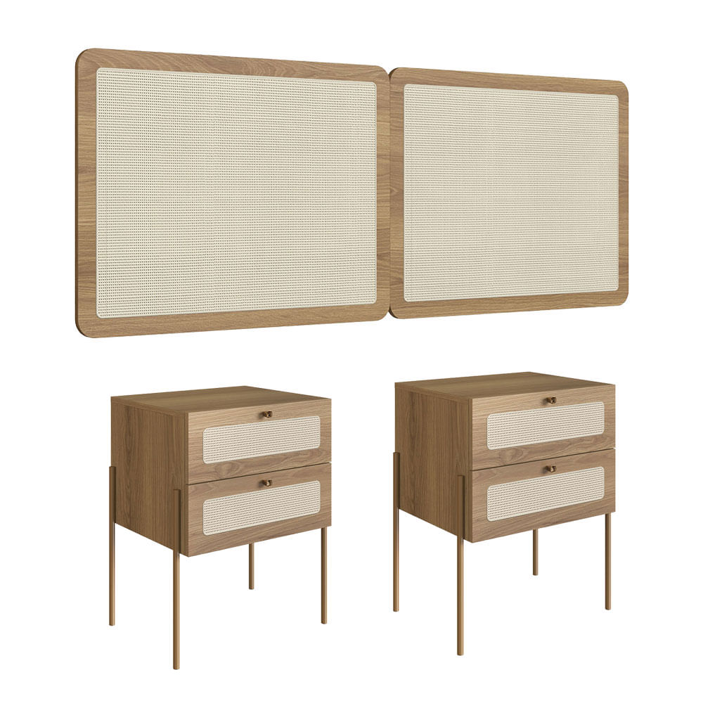 Cabeceira Casal e Mesas de Cabeceira 2 Gaveta Oslo Hanover e Dourada - Imagem 2