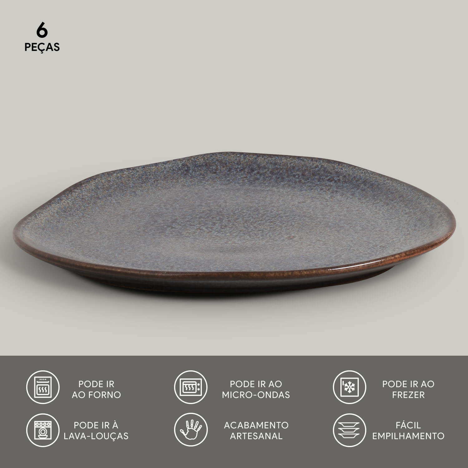 Conjunto com 6 Pratos Raso Oval Orgânico Titanium 31x24x2,5cm - Imagem 3