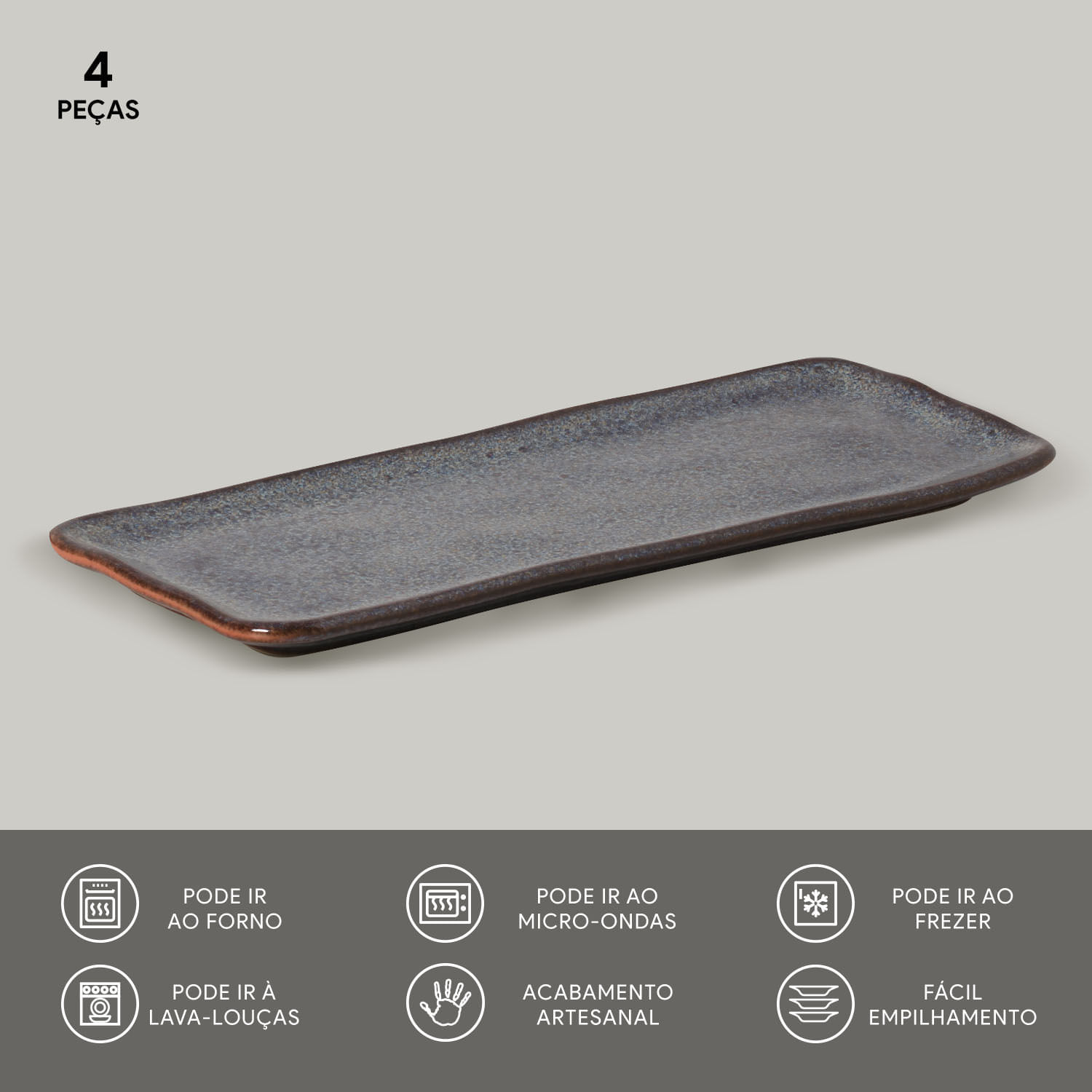 Conjunto com 4 Travessas Retangular Média Orgânico Titanium 33x13cm - Imagem 3