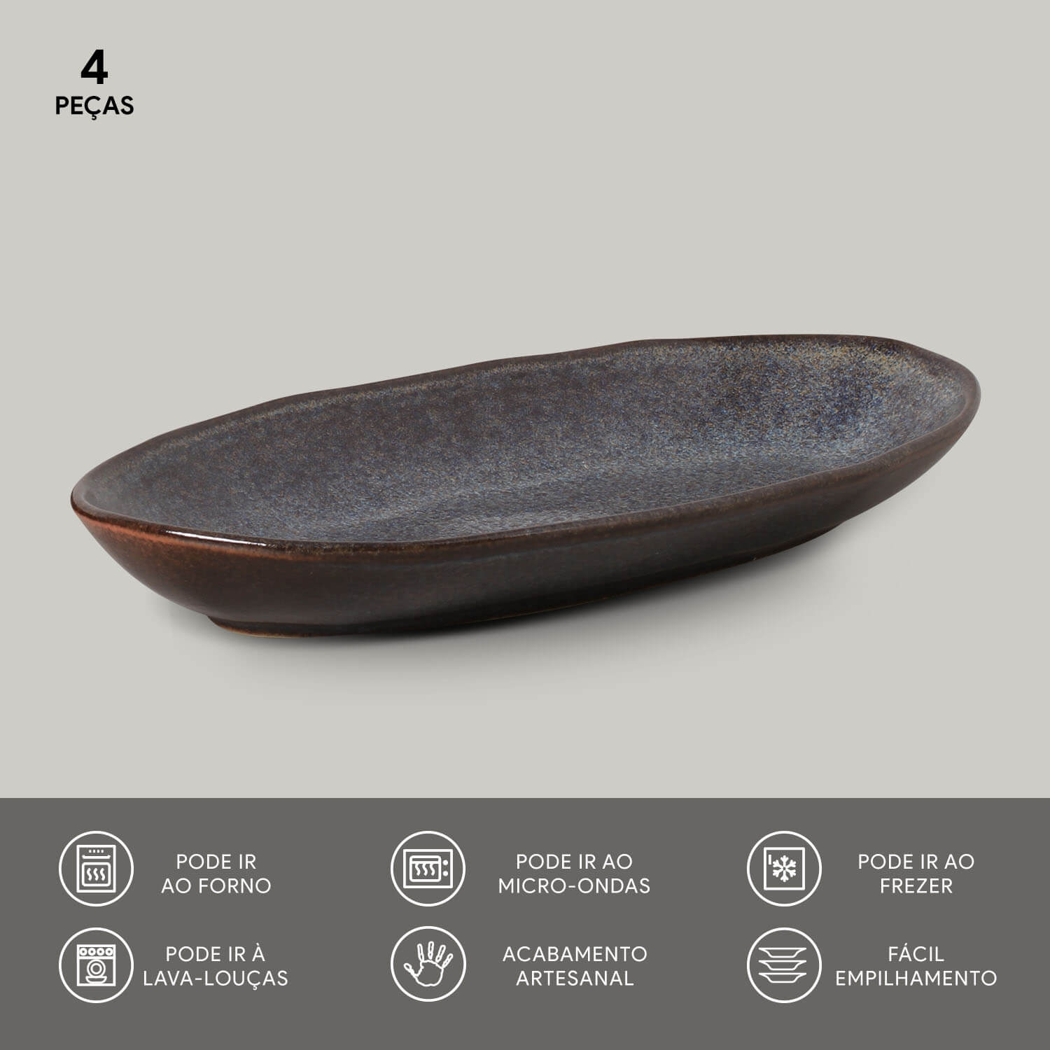 Conjunto com 4 Travessas Oval Funda G Orgânico Titanium 32x16cm 650ml - Imagem 3