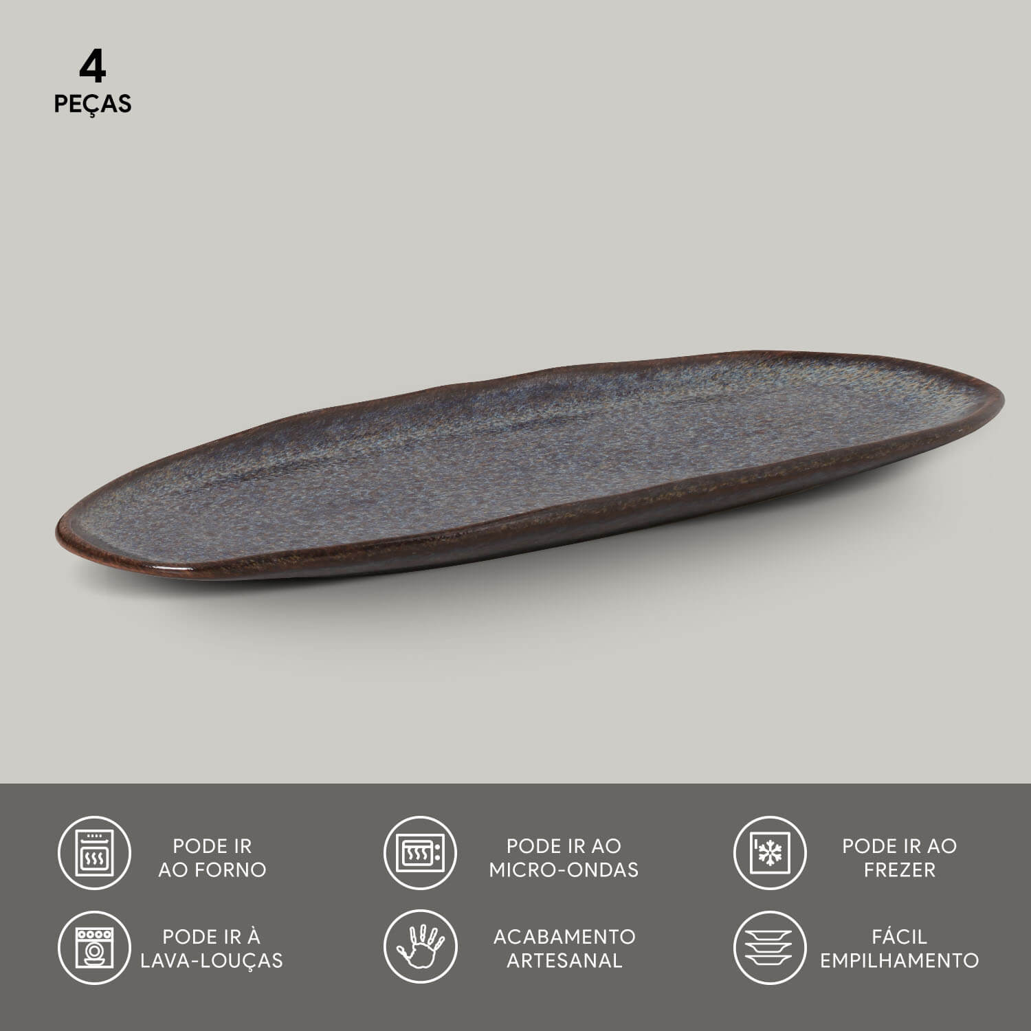Conjunto com 4 Travessas Oval Rasa Grande Orgânico Titanium 36x13cm - Imagem 3