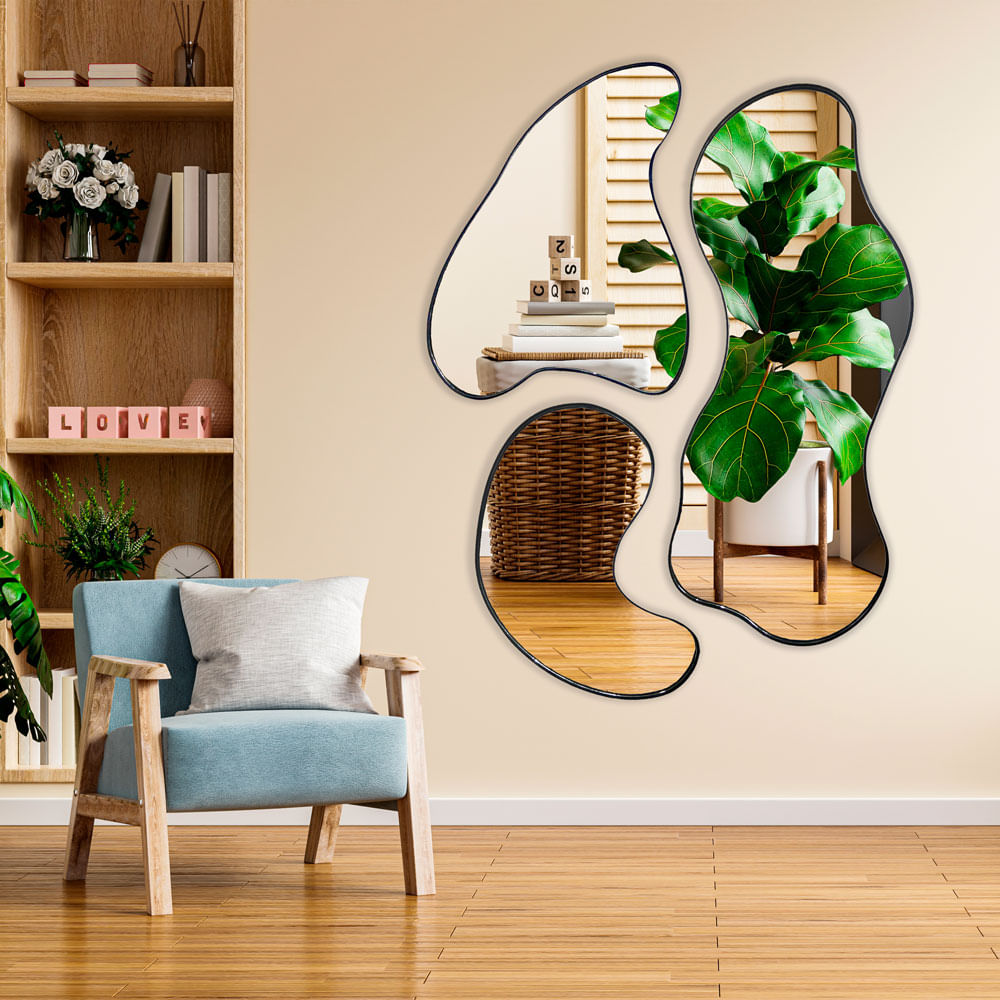 Espelho Trio composição Nuvem Preto 105x148cm