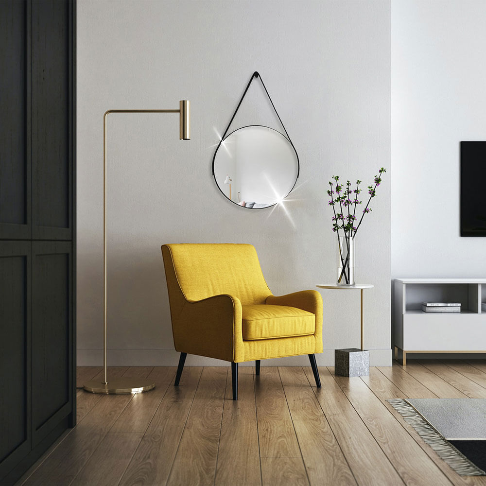 Espelho Adnet em Couro 50cm + Suporte Preto