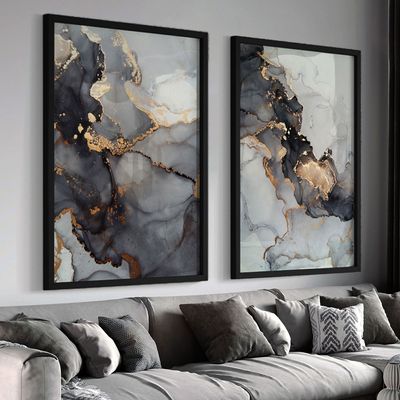 Quadro-Decorativo-2-Telas-Abstrato-Preto-e-Dourado-60x90-Moldura-Preta-com-vidro