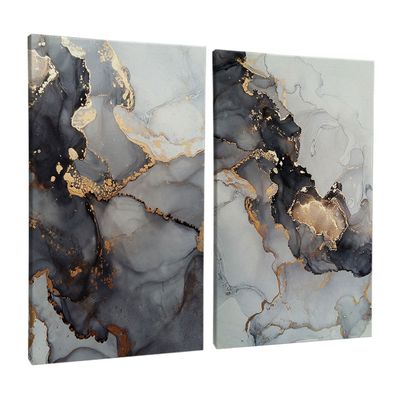 Quadro-Decorativo-2-Telas-Abstrato-Preto-e-Dourado-60x90-Moldura-Preta-com-vidro