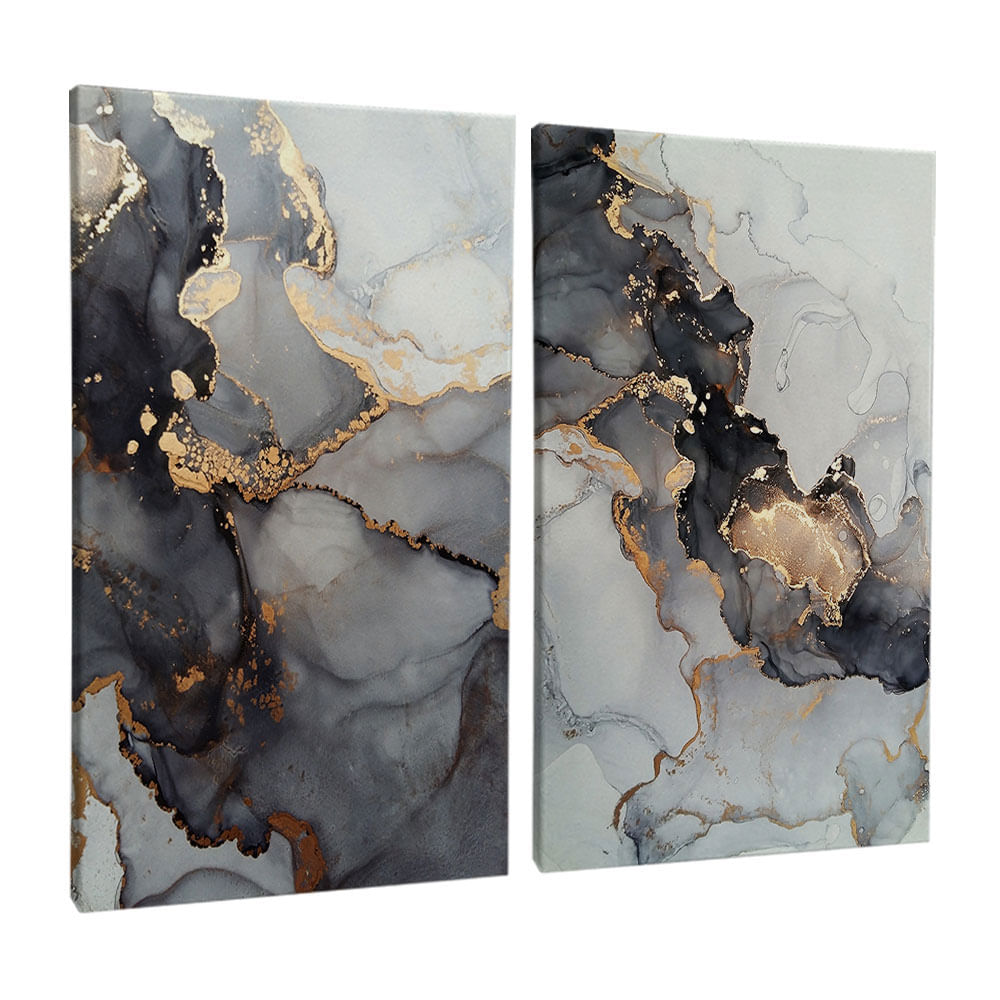Quadro Decorativo 2 Telas Abstrato Preto e Dourado 60x90 Moldura Preta com vidro - Imagem 2