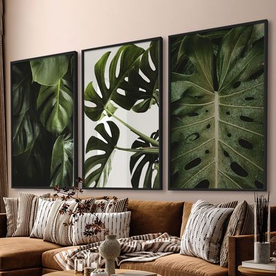 Quadro-Decorativo-3-Telas-Folhas-II-60x90-Moldura-Preta-com-vidro