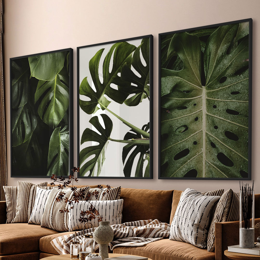 Quadro Decorativo 3 Telas Folhas II 60x90 Moldura Preta com vidro
