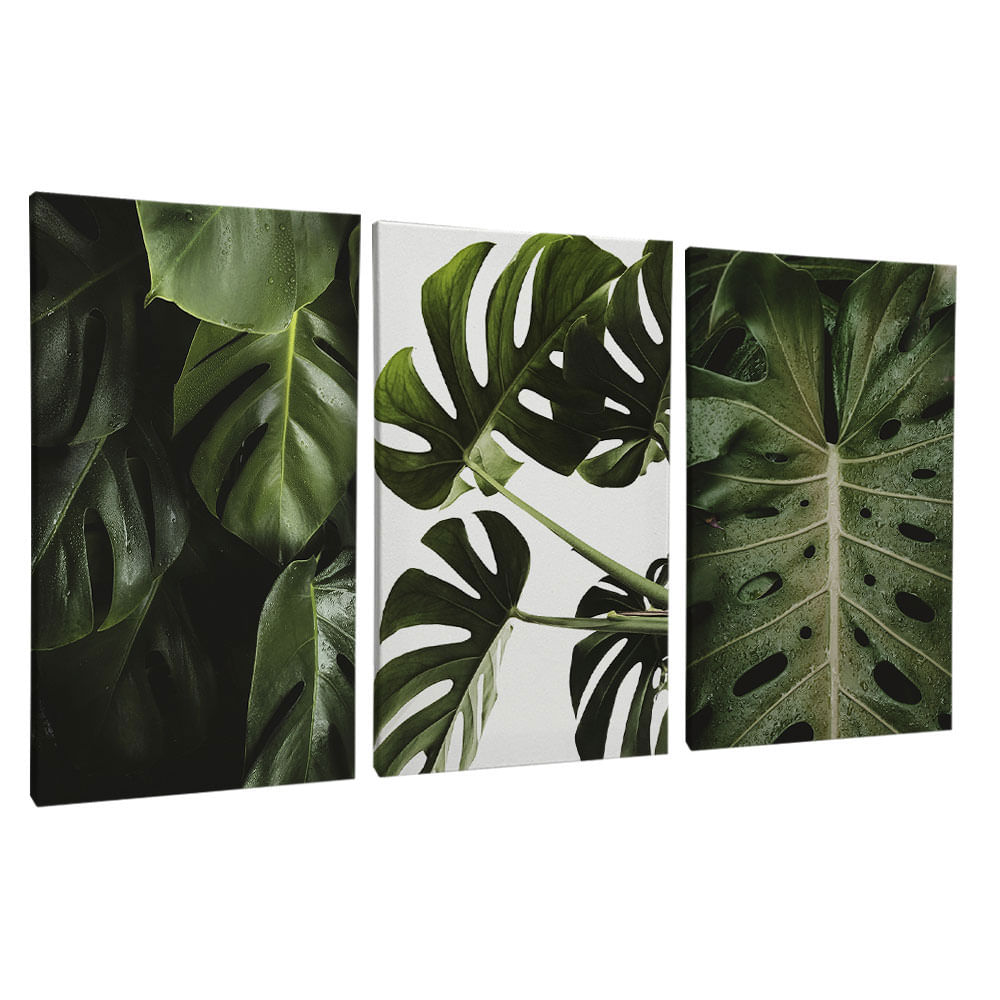 Quadro Decorativo 3 Telas Folhas II 60x90 Moldura Preta com vidro - Imagem 2