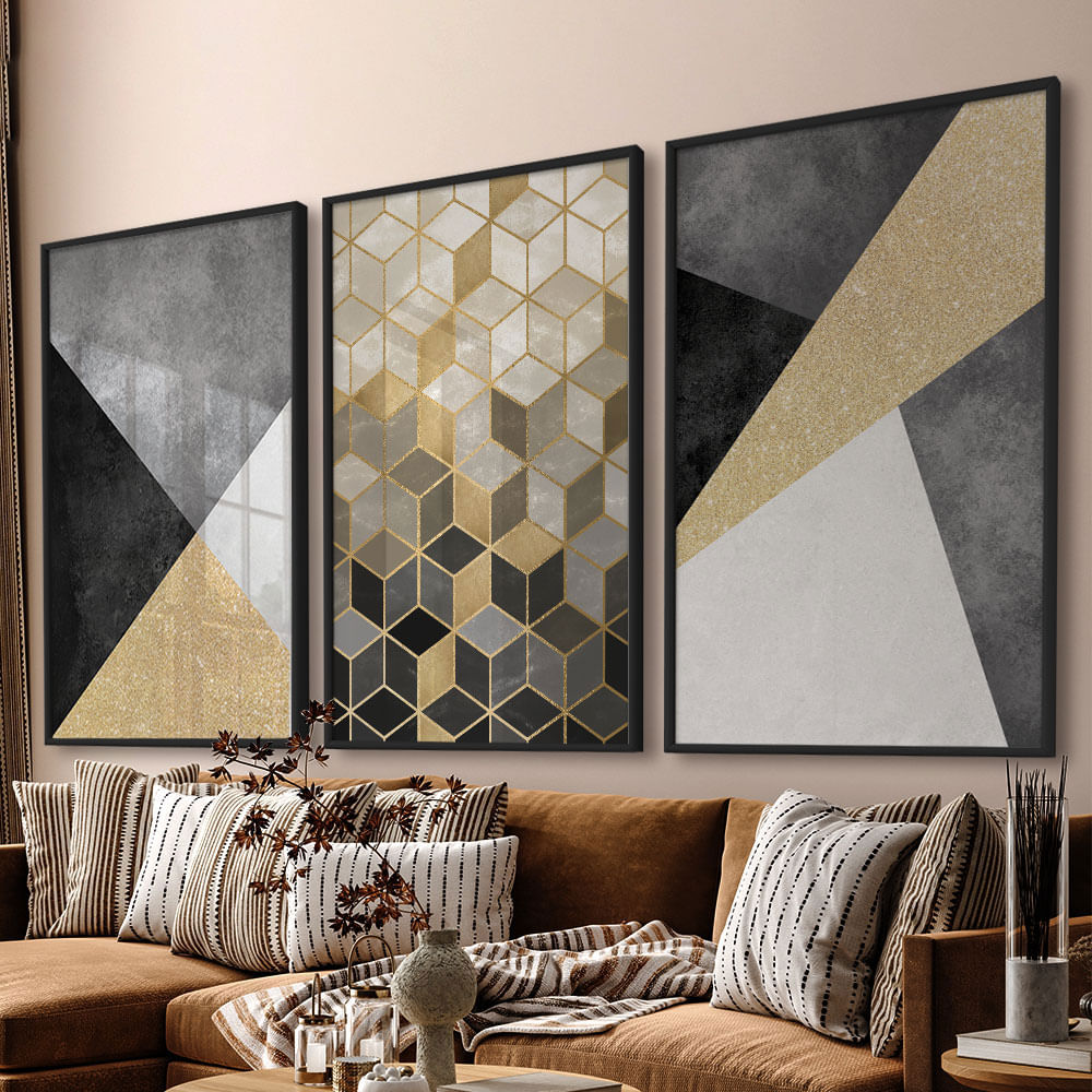 Quadro Decorativo 3 Telas Dourado 60x90 Moldura Preta com vidro