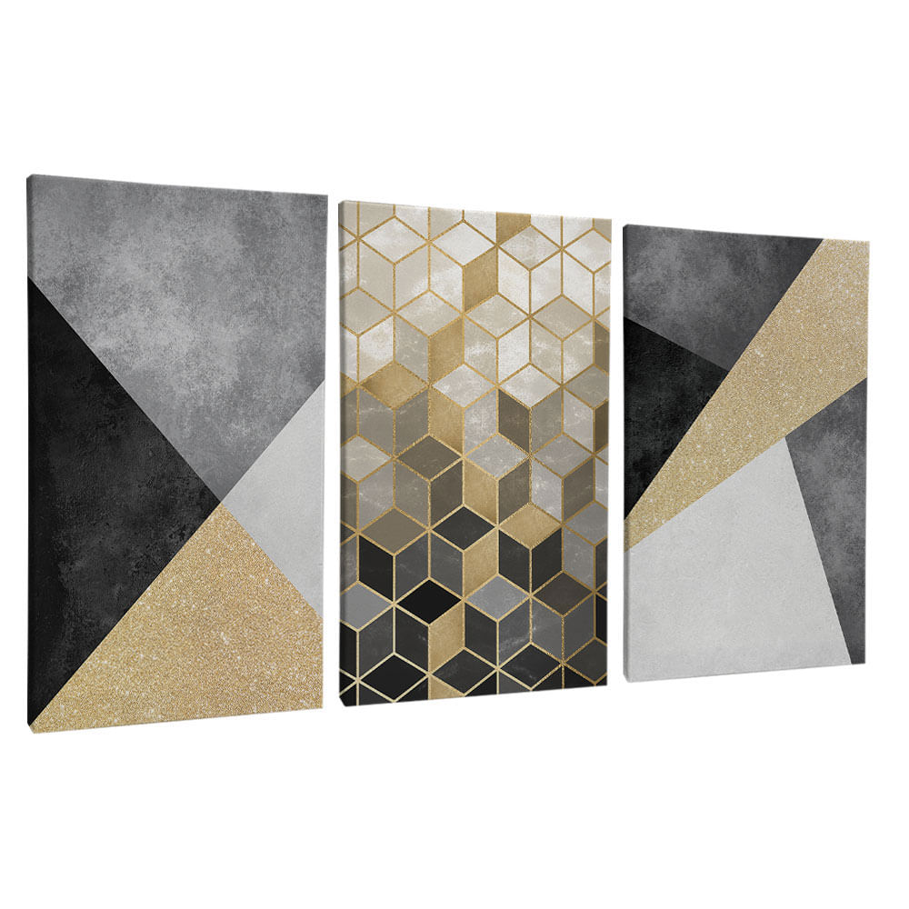 Quadro Decorativo 3 Telas Dourado 60x90 Moldura Preta com vidro - Imagem 2