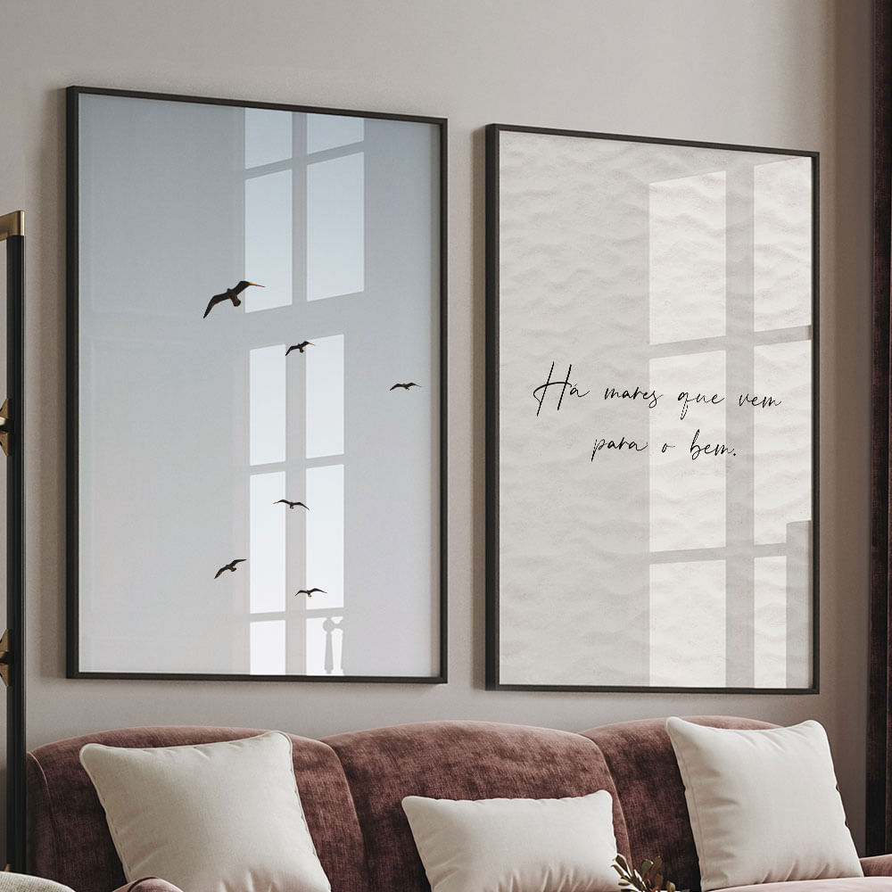Quadro Decorativo 2 Telas Marítimo Pássaros 60x90 Moldura Preta com vidro