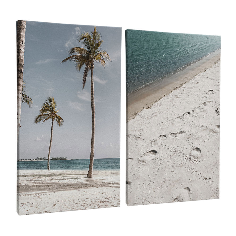 Quadro Decorativo 2 Telas Beira Mar Coqueiro 60x90 Moldura Preta com vidro - Imagem 2