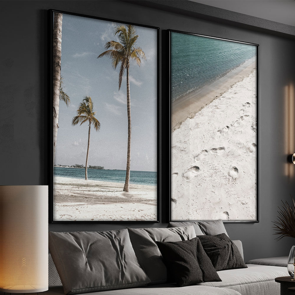 Quadro Decorativo 2 Telas Beira Mar Coqueiro 40X60 Moldura Preto sem vidro