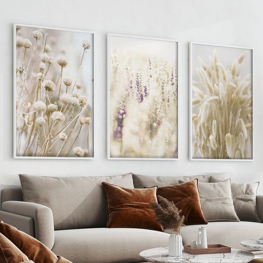 Quadro-Decorativo-3-Telas-Floral-Provence-40X60-Moldura-Branca-sem-vidro