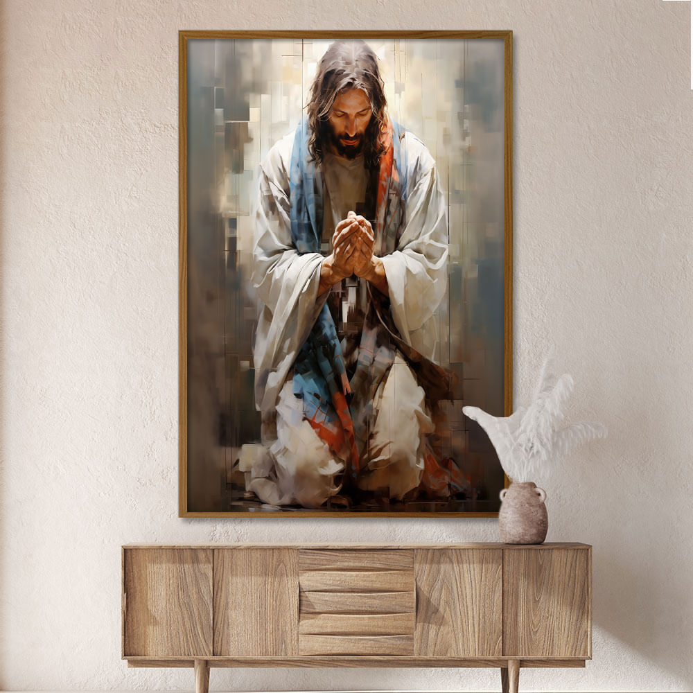 Quadro Decorativo Jesus em Oração Moldura Natural com vidro 60x90