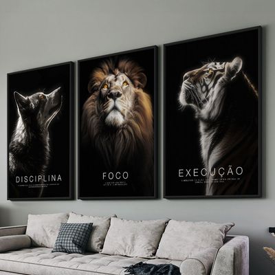 Quadro-Decorativo-3-Telas-Disciplina-Foco-Execucao-II-60x90-Moldura-Preta-com-vidro