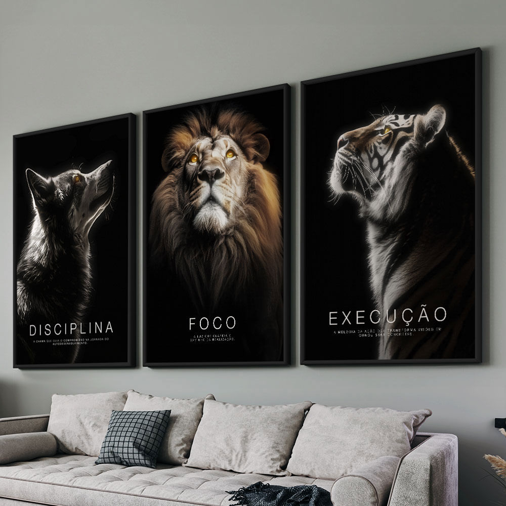 Quadro Decorativo 3 Telas Disciplina, Foco, Execução II 60x90 Moldura Preta com vidro