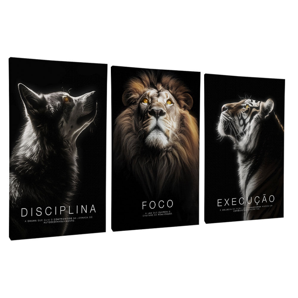 Quadro Decorativo 3 Telas Disciplina, Foco, Execução II 60x90 Moldura Preta com vidro - Imagem 2