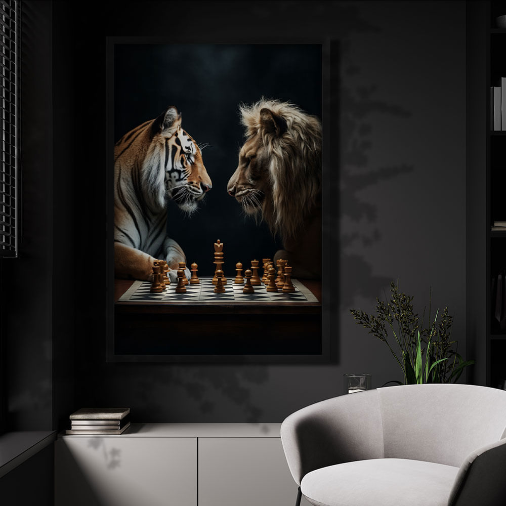 Quadro Decorativo Leão e tigre jogando Xadrez Moldura Preta com vidro 60x90