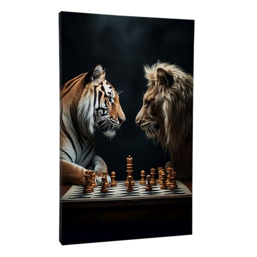 Quadro-Decorativo-Leao-e-tigre-jogando-Xadrez-Moldura-Preta-com-vidro-60x90